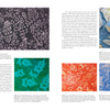 A book spread from "The Cumulative Cloth, Wet Techniques" by Schiffer Publishing, Ltd. showcases six custom wet-processed cloth samples in purple, blue, green, orange, and red, with text describing each surface design technique.