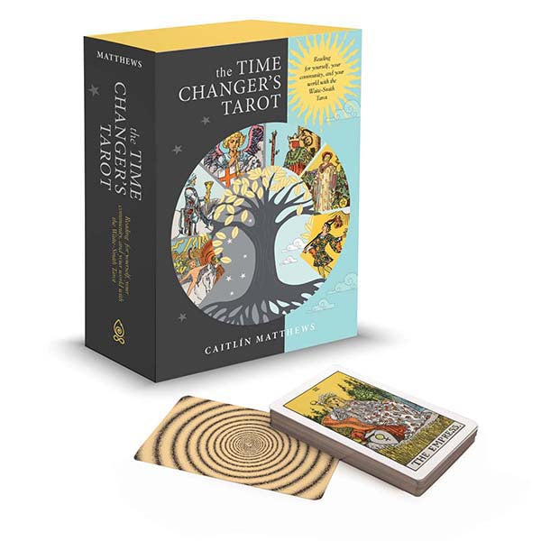 A box of The Time Changer's Tarot by Schiffer Publishing, Ltd. is shown beside a modern tarot deck and a spiral-patterned card. The Waite-Smith-inspired box displays a tree with tarot images and a yellow title section at the top.