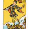 A card from The Time Changer's Tarot by Schiffer Publishing, Ltd. depicts The Fool—a youth on a clifftop with a wand and sack, white rose, dog companion, sunlit yellow sky, and snowy mountains in the background.