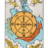 The Wheel of Fortune card from The Time Changer's Tarot by Schiffer Publishing, Ltd. features a large symbolic wheel with letters, a sphinx, winged creatures, snake, and red figure set against a cloud-filled blue sky.