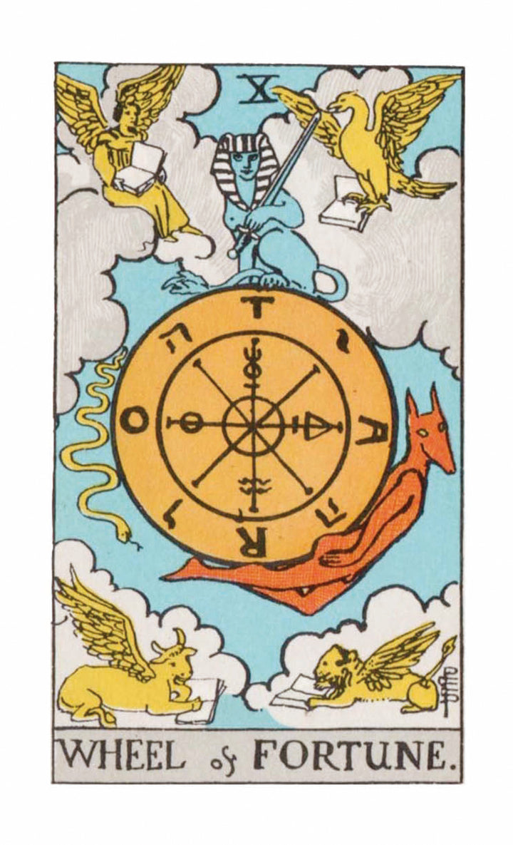 The Wheel of Fortune card from The Time Changer's Tarot by Schiffer Publishing, Ltd. features a large symbolic wheel with letters, a sphinx, winged creatures, snake, and red figure set against a cloud-filled blue sky.