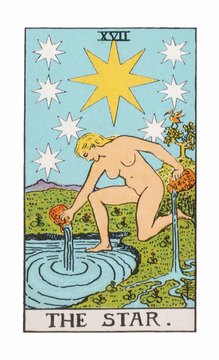 The Time Changer's Tarot by Schiffer Publishing, Ltd. features cards like The Star, showing a nude woman by a pool pouring water beneath eight shining stars and lush green hills in the background.