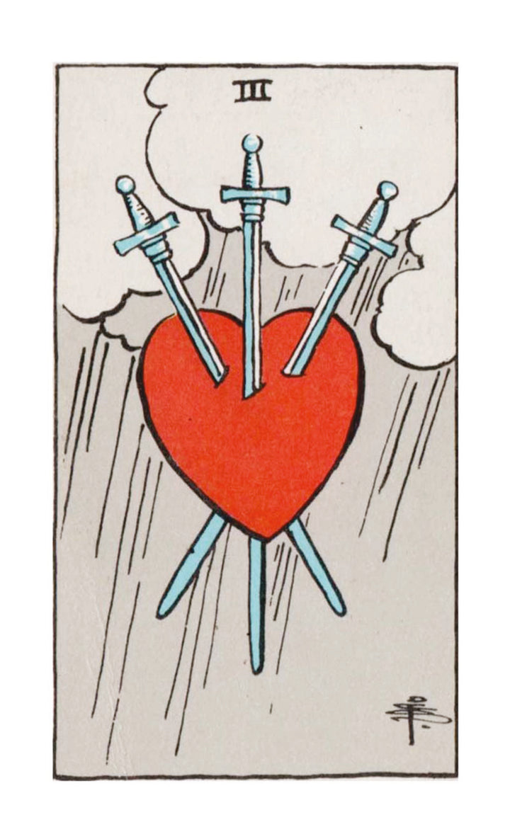 A card from The Time Changer's Tarot by Schiffer Publishing, Ltd. depicts three swords piercing a red heart beneath gray clouds and rain, with the Roman numeral III at the top.