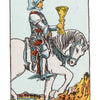 A medieval knight in armor rides a white horse, holding a golden cup upright. A river, trees, and distant hills appear under a clear sky. "KNIGHT of CUPS" is at the bottom. From The Time Changer's Tarot by Schiffer Publishing, Ltd.