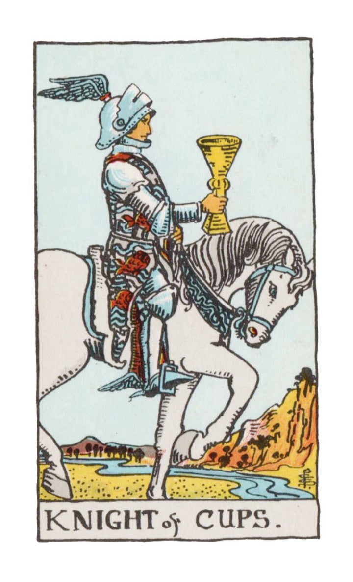 A medieval knight in armor rides a white horse, holding a golden cup upright. A river, trees, and distant hills appear under a clear sky. "KNIGHT of CUPS" is at the bottom. From The Time Changer's Tarot by Schiffer Publishing, Ltd.