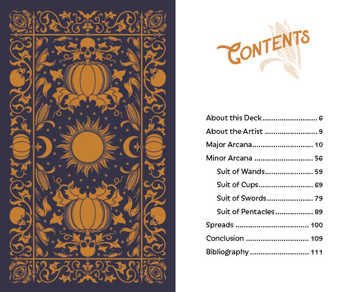 The Legend of Sleepy Hollow Tarot by Schiffer Publishing, Ltd. features an ornate card back with pumpkins, skulls, and suns in orange on dark hues beside a contents page detailing this literary deck's journey of self-discovery.