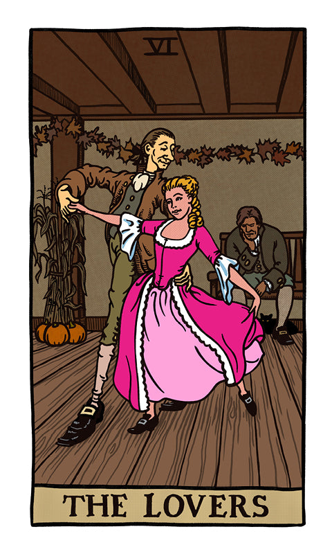 “The Lovers” card from The Legend of Sleepy Hollow Tarot by Schiffer Publishing, Ltd. depicts a man and woman dancing in period attire as another man watches, with autumn garlands and a pumpkin setting the literary tarot scene.