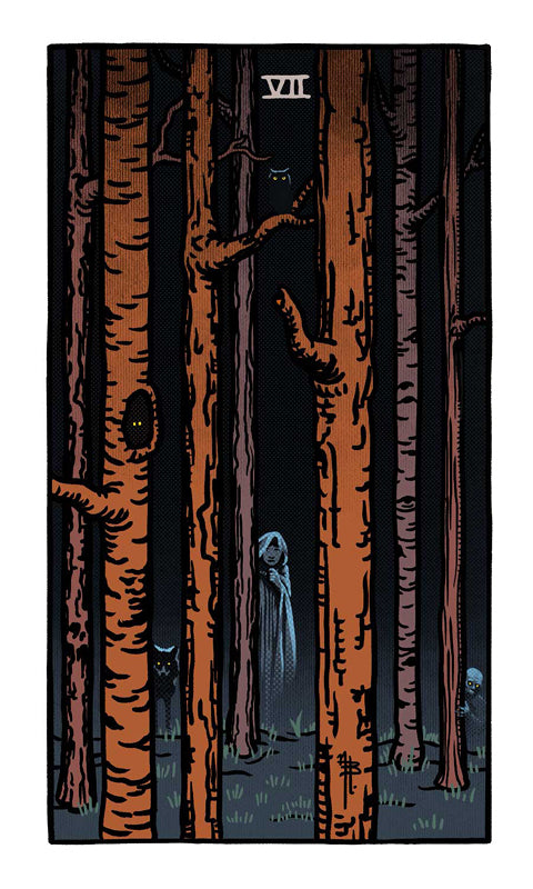 A hooded, ghostly figure stands in a shadowy forest as eerie eyes peer from the trees. From The Legend of Sleepy Hollow Tarot by Schiffer Publishing, Ltd., card VII invites self-discovery under its watchful gaze.