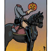From Schiffer Publishing, Ltd.'s The Legend of Sleepy Hollow Tarot: the Knight of Pentacles rides a black horse at sunset, holding a gold coin. Ideal for literary tarot decks and personal journeys. Card text: KNIGHT OF PENTACLES.