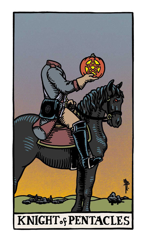 From Schiffer Publishing, Ltd.'s The Legend of Sleepy Hollow Tarot: the Knight of Pentacles rides a black horse at sunset, holding a gold coin. Ideal for literary tarot decks and personal journeys. Card text: KNIGHT OF PENTACLES.