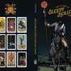 Book cover for The Legend of Sleepy Hollow Tarot by Schiffer Publishing, Ltd. shows a headless horseman on horseback with a flaming pumpkin; back displays eight tarot cards inspired by Sleepy Hollow for self-discovery. Author: Nick Lawyer.