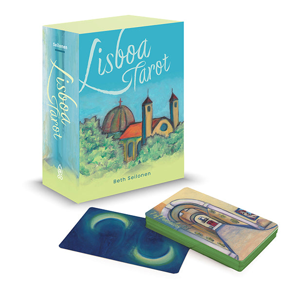 Lisboa Tarot by Schiffer Publishing, Ltd. features an illustrated cover of Lisbon’s skyline. Two cards are shown in front, merging Lisbon-inspired artistry with classic Old World European tarot appeal.