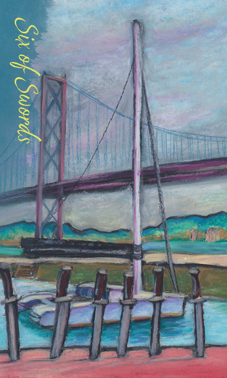 The Lisboa Tarot by Schiffer Publishing, Ltd. features a Six of Swords card depicting six swords beside a docked boat, with a tall suspension bridge and lush scenery, capturing Old World European tarot charm.