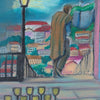 A figure in a brown cloak gazes over a cityscape at night, with street lamps glowing and nine empty wine glasses on the stone floor, capturing the mysterious Old World charm of the Lisboa Tarot by Schiffer Publishing, Ltd.