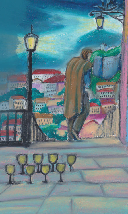 A figure in a brown cloak gazes over a cityscape at night, with street lamps glowing and nine empty wine glasses on the stone floor, capturing the mysterious Old World charm of the Lisboa Tarot by Schiffer Publishing, Ltd.