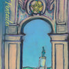A pastel drawing from the Lisboa Tarot by Schiffer Publishing, Ltd. shows an ornate stone archway with a pentacle symbol, inspired by Old World European tarot. Through the arch are a statue and blue sky, with "Ace of Pentacles" on the left.