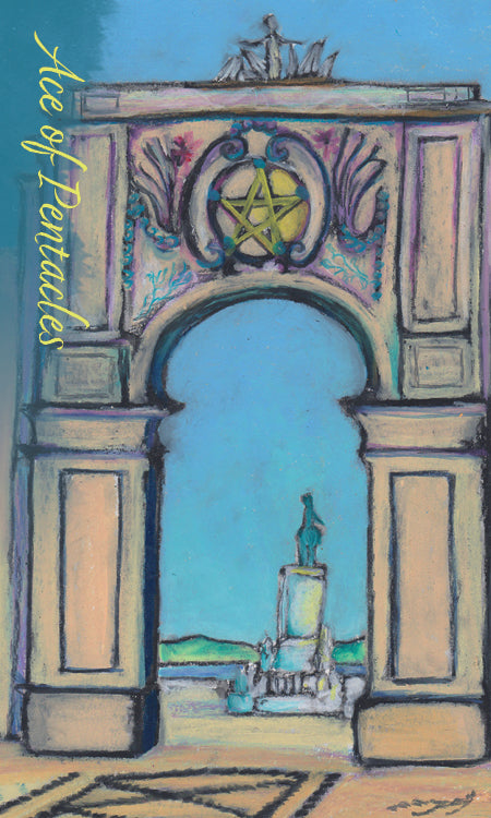 A pastel drawing from the Lisboa Tarot by Schiffer Publishing, Ltd. shows an ornate stone archway with a pentacle symbol, inspired by Old World European tarot. Through the arch are a statue and blue sky, with "Ace of Pentacles" on the left.
