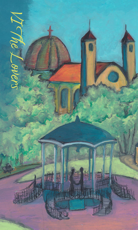 The Lisboa Tarot by Schiffer Publishing, Ltd. features a vibrant park gazebo with two silhouettes amid lush greenery and church domes, titled "VI The Lovers" along the side, evoking Old World European tarot charm.