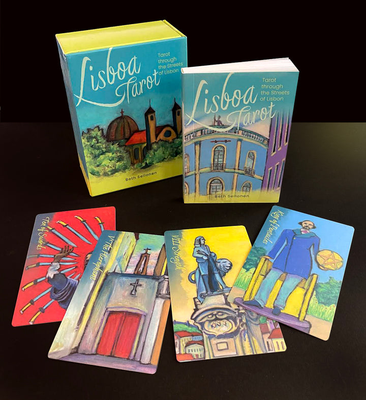 The Lisboa Tarot by Schiffer Publishing, Ltd. features five vibrant, Old World European-inspired cards with Lisbon landmarks, a colorful guidebook, and box—all shown in a playful art style.