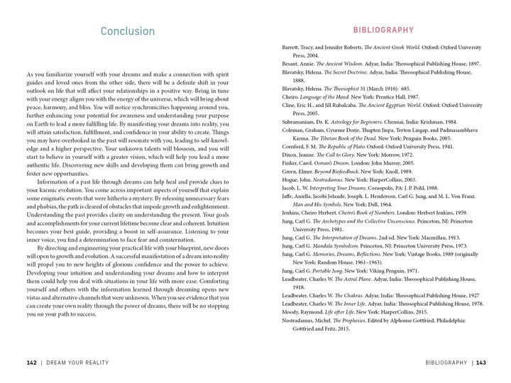 A book spread from "Dream Your Reality" by Schiffer Publishing, Ltd. shows the Conclusion with insights on dream manifestation and personal growth (left), and the Bibliography with cited sources in alphabetical order (right).