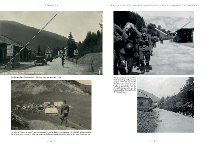 A collage from "Zollgrenzschutz" by Schiffer Publishing, Ltd. depicts black-and-white photos of soldiers at mountain border crossings, with guard posts, barriers, and patrols on scenic roads, likely from the 1930s-1940s.