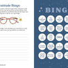 A two-page spread from Secret Diary Society All About Me by Schiffer Publishing, Ltd.: Left page has "Gratitude Bingo" with glasses illustration, prompts, and blanks. Right page features a blue bingo card with gratitude items like good grades and kindness.