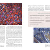 A two-page spread from "The Cumulative Cloth, Dry Techniques" by Schiffer Publishing, Ltd. displays a vibrant leaf-themed applique, a dark abstract design, plus helpful tips and a supply checklist for fabric embellishing.