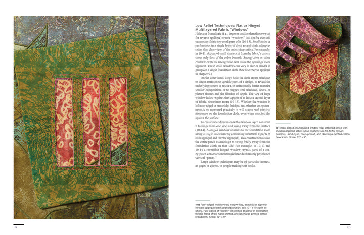 Two pages from Schiffer Publishing's "The Cumulative Cloth, Dry Techniques" show a green-brown textured bag with three red-patterned insets, close-ups of stitching, embellishment techniques, and text on custom cloth surface design.