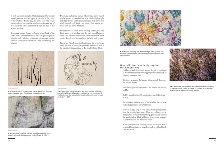 A magazine spread features five images of abstract textile art from "The Cumulative Cloth, Dry Techniques" by Schiffer Publishing, Ltd., showcasing textures, stitching patterns, color combinations, and instructions for custom cloth methods.