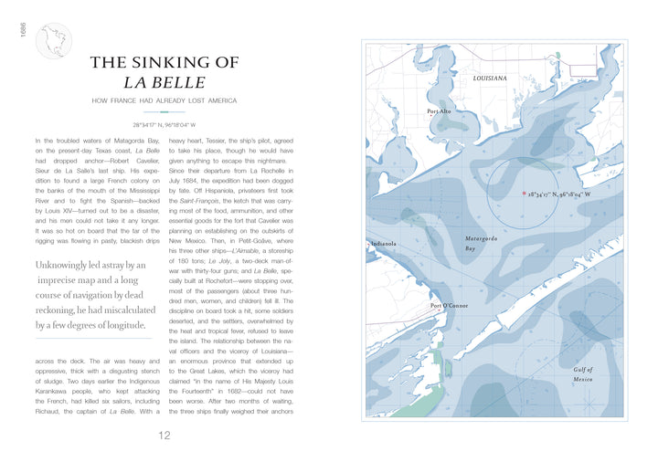 A two-page spread from Atlas of Shipwrecks and Fortunes of the Sea (Schiffer Publishing, Ltd.): The left page features The Sinking of La Belle article with excerpt; the right page shows an illustrated color map of Texas coast.
