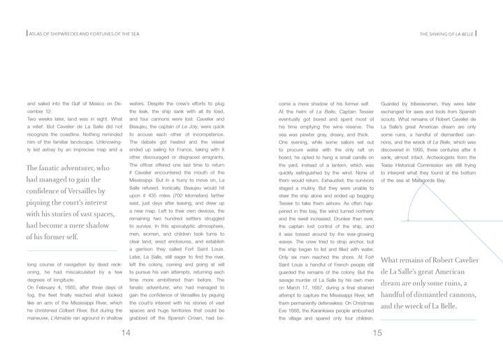 A two-page spread from Atlas of Shipwrecks and Fortunes of the Sea by Schiffer Publishing, Ltd. features text on French explorer La Salle, illustrated color maps, a large quote on page 14, and a smaller passage at the bottom of page 15.