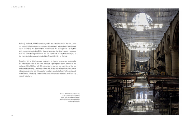 Restoring Notre-Dame de Paris by Schiffer Publishing, Ltd. features a cathedral interior bathed in sunlight through a damaged vaulted roof, scaffolding and debris highlighting restoration amid charred pews leading to the altar.