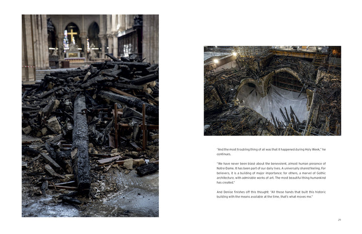 Left: Interior damage from the Notre-Dame de Paris fire. Right: Overhead view of burnt ruins with a restoration quote. Featured in "Restoring Notre-Dame de Paris" by Schiffer Publishing, Ltd. Photo by Patrick Zachmann.