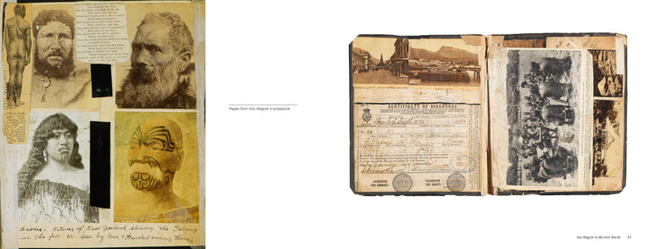 On the left, sepia portraits—Māori with moko and tattoo artist Gus Wagner—form a collage. On the right, an old scrapbook displays documents and black-and-white photos. Product: Gus Wagner by Schiffer Publishing, Ltd.