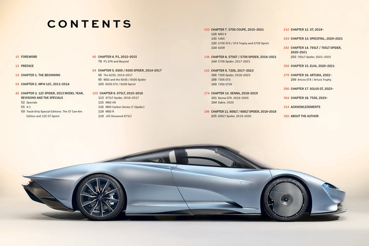 A table of contents appears over a side view of a silver McLaren by Schiffer Publishing, Ltd., featuring a sleek design and large wheels on a beige background. Black, gray, and red text sections are listed above the car.