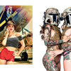 A woman in red shorts and a striped top channels classic pin-up art by a vintage plane, while two tattooed women in tactical helmets evoke military pinup style—featured in "Alvarado's Military Pin-Ups" by Schiffer Publishing, Ltd.