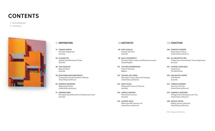 Table of contents page for Interior Designers at Home by Schiffer Publishing, Ltd.: colorful abstract painting with orange, red, and yellow geometric shapes on the left; section titles Inspiration, Aesthetic, and Function on the right.