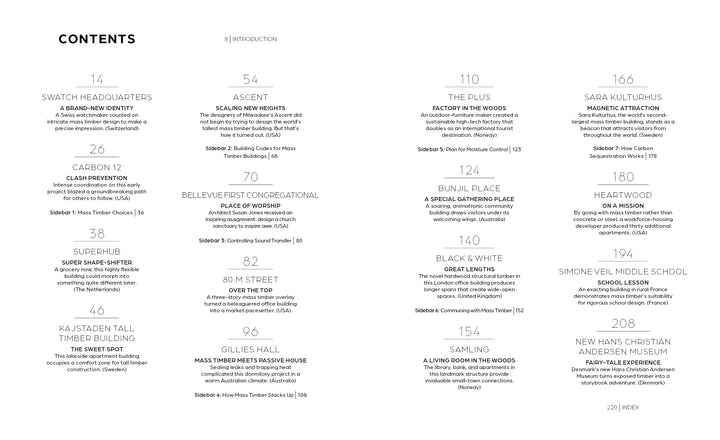 The CONTENTS | INTRODUCTION page for "Innovations in Mass Timber" by Schiffer Publishing, Ltd. uses a three-column layout listing project titles, summaries, and pages, emphasizing environmental benefits in commercial buildings.