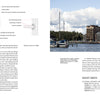 On the left, "Innovations in Mass Timber" by Schiffer Publishing, Ltd. shows a mass timber building wall detail; on the right, sailboats and modern commercial buildings stand behind trees under a partly cloudy sky.