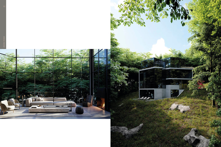 Showcasing The Art of Luxury Design by Schiffer Publishing, Ltd., a modern home with high-end architecture features spacious living, neutral furnishings, and floor-to-ceiling windows overlooking lush forest views.