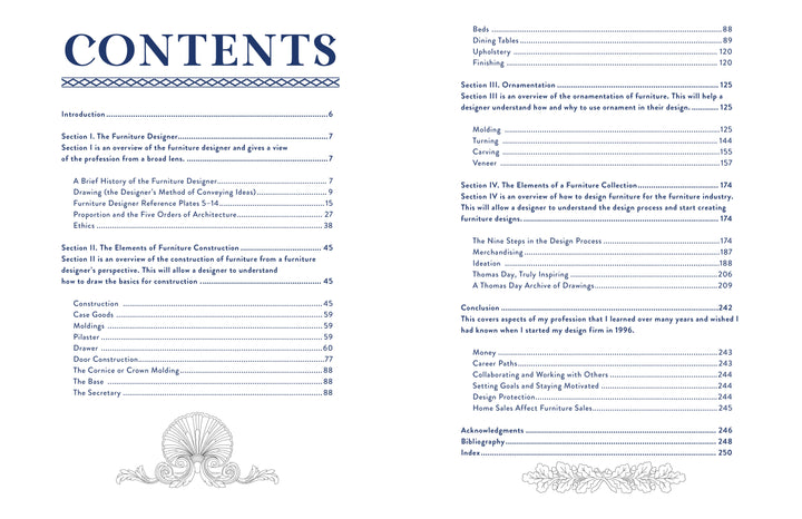 The table of contents in Elements of Furniture Design by Schiffer Publishing, Ltd. features decorative headings and lists sections on design elements, construction, materials, tools, ornamentation, acknowledgments, and bibliography with right-aligned page numbers.