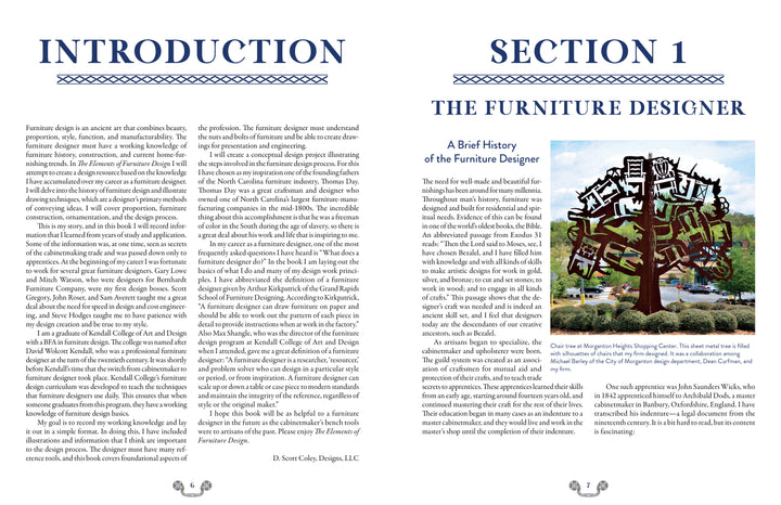 Two pages from "Elements of Furniture Design" by Schiffer Publishing, Ltd.: the left page is an INTRODUCTION discussing furniture design, while the right page starts SECTION 1: THE FURNITURE DESIGNER, with a text block and a tree diagram of furniture types.