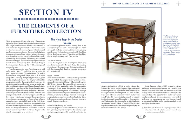 A two-page spread from Elements of Furniture Design by Schiffer Publishing, Ltd. shows text on furniture design (left) and a photo of an antique wooden table with drawer and intricate legs (right) on a white background.