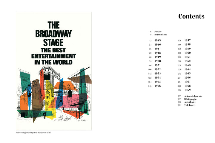 The Broadway Poster Art print by Schiffer Publishing, Ltd. displays colorful theater scenes with “The Best Entertainment in the World” and includes a Contents list to the right, showing chapters by year from 1945 to 1969.