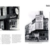 Two black-and-white photos from "Broadway Poster Art" by Schiffer Publishing, Ltd.: left, a 5556 Laundry storefront; right, a city street corner crowded with Broadway posters and billboards, including an ad for Hamlet. Intro text sits at top right.