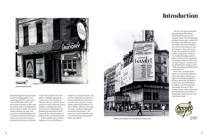 Two black-and-white photos from "Broadway Poster Art" by Schiffer Publishing, Ltd.: left, a 5556 Laundry storefront; right, a city street corner crowded with Broadway posters and billboards, including an ad for Hamlet. Intro text sits at top right.