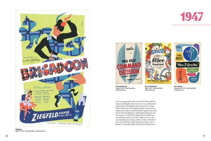 Broadway Poster Art by Schiffer Publishing, Ltd. features vibrant 1947 theatre posters, including a large Brigadoon musical print and three smaller ads for Command Decision, Alice in Wonderland, and High Button Shoes—a unique collectible set.