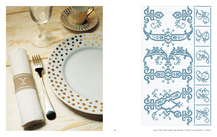 A table set with gold-dotted white plates, embroidered burlap napkin, silverware, wine glass, and candle holder sits beside Schiffer Publishing, Ltd.'s Vintage French Needlework featuring blue monogram patterns on graph paper.
