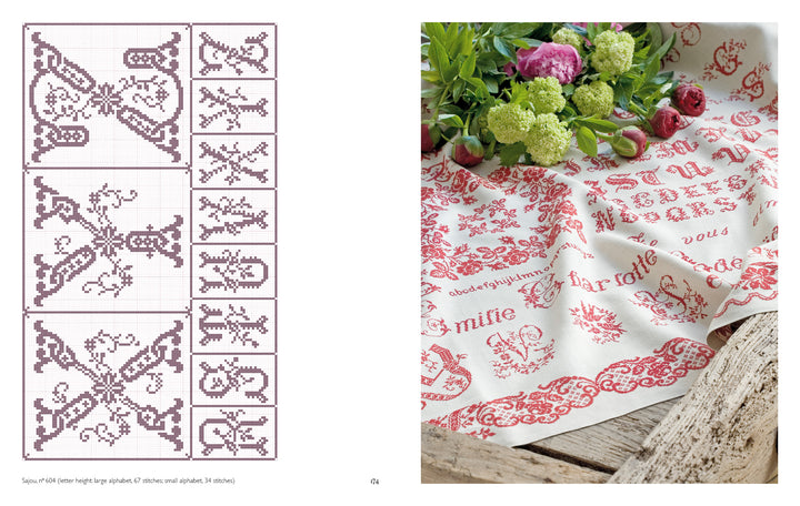 On the left, a grid displays French monogram cross-stitch patterns from "Vintage French Needlework" by Schiffer Publishing, Ltd.; on the right, an embroidered cloth with red lettering and floral motifs sits next to fresh flowers.