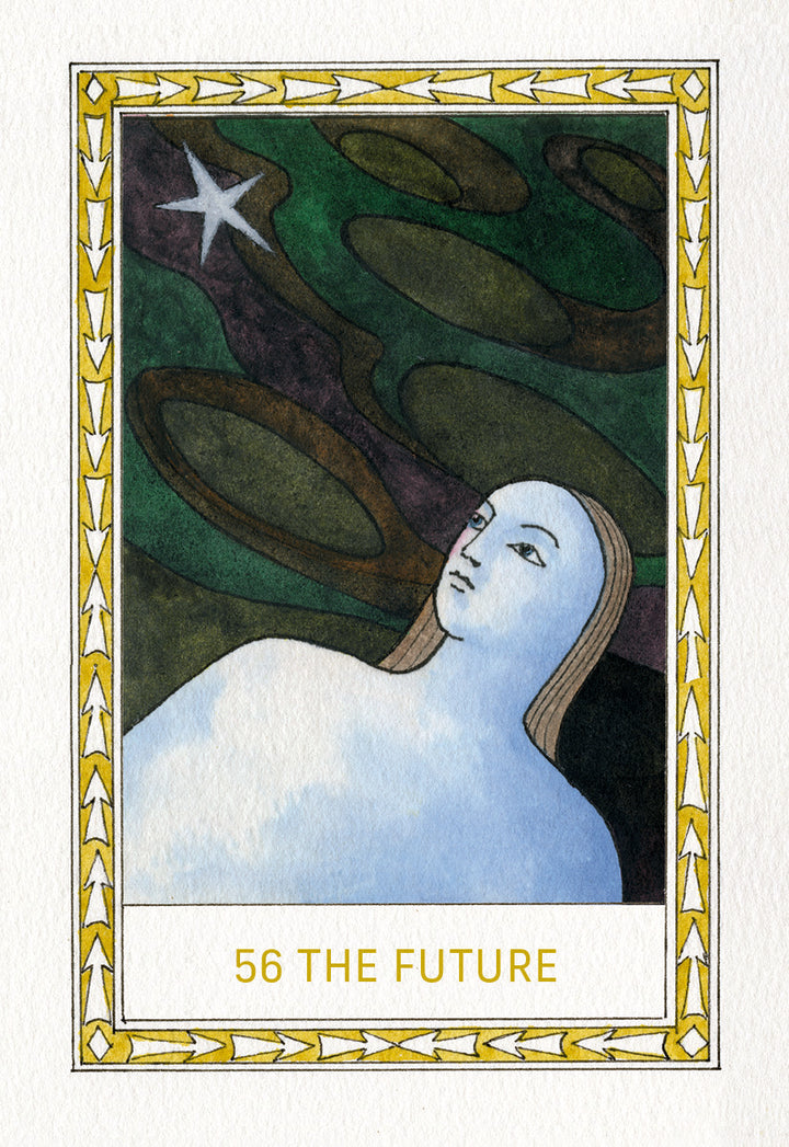 An illustrated card from The Fool's New Journey Tarot by Schiffer Publishing, Ltd. features a serene blue figure gazing at a star in a swirling sky. Yellow and white borders frame the card labeled “56 THE FUTURE.”.